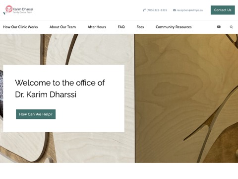 Screenshot of the Dr. Karim Dharssi homepage, kdmpc.ca, captured 2026-08-19, shown as the evidence for this review