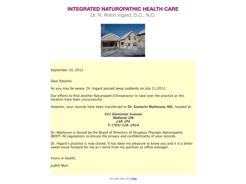 Screenshot of the Dr. R. Anton Ingard, D.C., N.D homepage, ingard.ca, captured 2026-08-19, shown as the evidence for this review