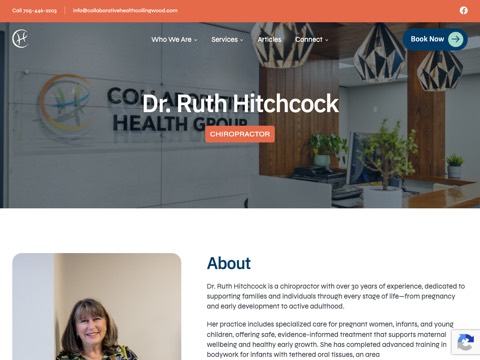 Screenshot of the Dr Ruth Hitchcock, Chiropracticor homepage, collaborativehealthcollingwood.com/specialist/dr-ruth-hitchcock, captured 2026-08-19, shown as the evidence for this review