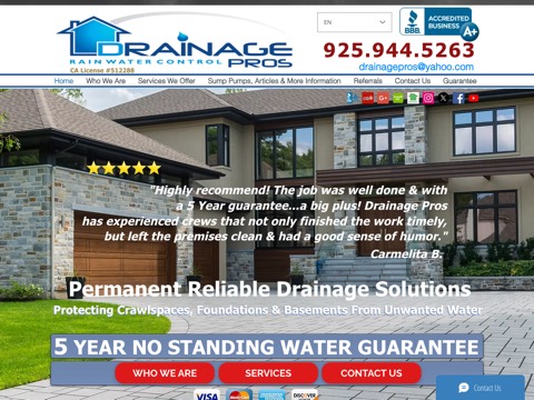 Screenshot of the Drainage Pros, INC homepage, www.drainagepros.com, captured 2026-08-13, shown as the evidence for this review