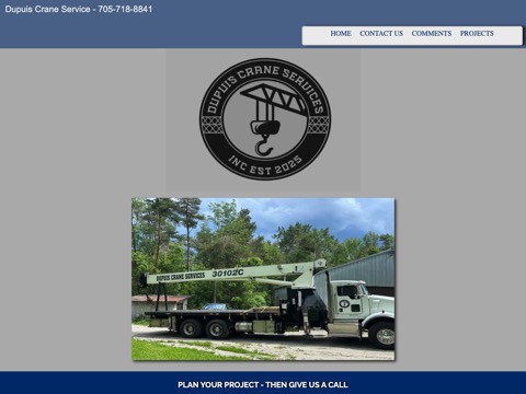 Screenshot of the Dupuis Crane Services homepage, dupuiscraneservices.ca, captured 2026-08-13, shown as the evidence for this review