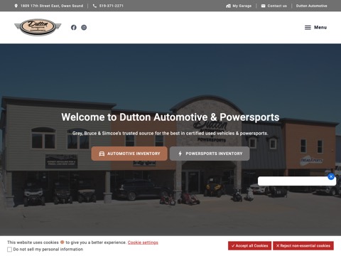 Screenshot of the Dutton Automotive & Powersports homepage, www.duttonauto.ca, captured 2026-08-19, shown as the evidence for this review