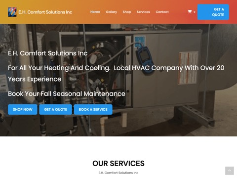 Screenshot of the E.H. Comfort Solutions Inc homepage, ehcomfortsolutions.ca, captured 2026-08-19, shown as the evidence for this review
