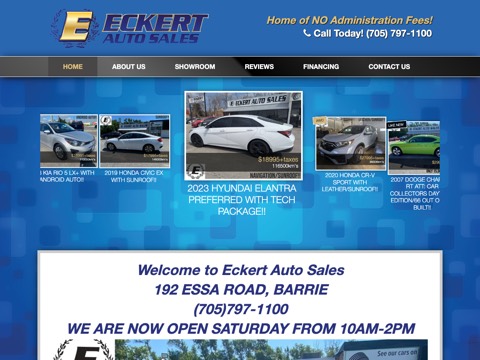 Screenshot of the Eckert Auto Sales homepage, www.eckertautosales.ca, captured 2026-08-19, shown as the evidence for this review