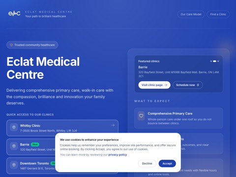 Screenshot of the Eclat Medical Centre- Family Practice and Walk-in Clinic Barrie homepage, www.eclatmedical.ca, captured 2026-08-19, shown as the evidence for this review