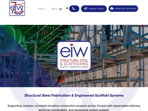 Screenshot of the EIW Structural Steel & Scaffolding homepage, www.eiw.ca, captured 2026-08-13, shown as the evidence for this review