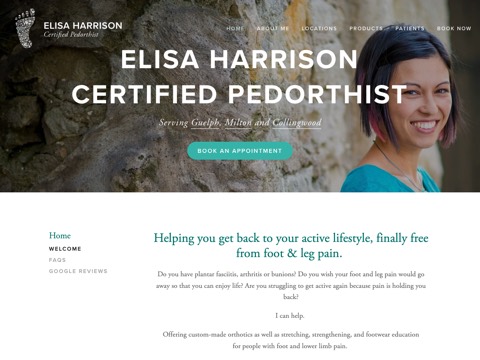 Screenshot of the Elisa Harrison, Certified Pedorthist / Orthotics homepage, www.elisaharrison.com, captured 2026-08-19, shown as the evidence for this review