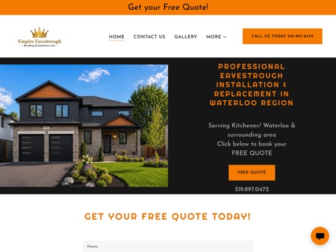 Screenshot of the Empire Eavestrough, Roofing & Exteriors Inc. homepage, empireeavestrough.ca, captured 2026-08-13, shown as the evidence for this review
