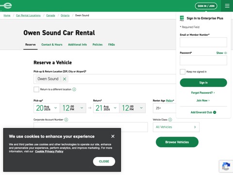 Screenshot of the Enterprise Rent-A-Car homepage, www.enterprise.ca/en/car-rental-locations/ca/on/owen-sound-c27j.html?mcid=yext:245709, captured 2026-08-19, shown as the evidence for this review