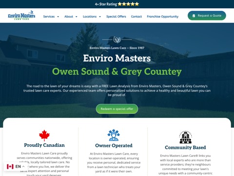 Screenshot of the Enviro Masters homepage, enviromasters.com/location/owen-sound-on, captured 2026-08-19, shown as the evidence for this review