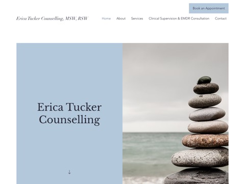 Screenshot of the Erica Tucker Counselling homepage at www.ericatuckercounselling.com, captured 2026-08-19, shown as the evidence for the review on this page