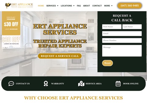 Screenshot of the ERT Appliance Services Inc. website