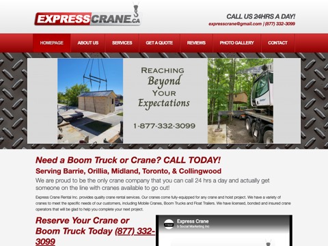 Screenshot of the Express Crane Rental Inc homepage at expresscrane.ca, captured 2026-08-13, shown as the evidence for the review on this page