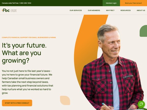 Screenshot of the FBC Farm and Small Business Tax Consultants homepage, fbc.ca, captured 2026-08-19, shown as the evidence for this review