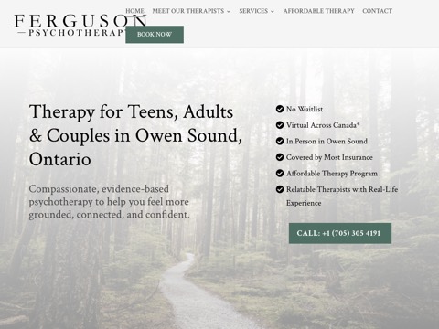 Screenshot of the Ferguson Psychotherapy homepage, fergusonpsychotherapy.ca, captured 2026-08-19, shown as the evidence for this review