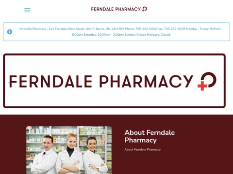 Screenshot of the Ferndale Pharmacy homepage, ferndalepharmacy.ca, captured 2026-08-19, shown as the evidence for this review