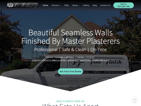 Screenshot of the Fine Finish Wall Systems homepage, www.finefinishwallsystems.com, captured 2026-08-13, shown as the evidence for this review