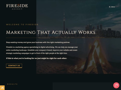Screenshot of the Fireside Agency - Digital Marketing, Websites and Design homepage, www.firesideagency.ca, captured 2026-08-19, shown as the evidence for this review
