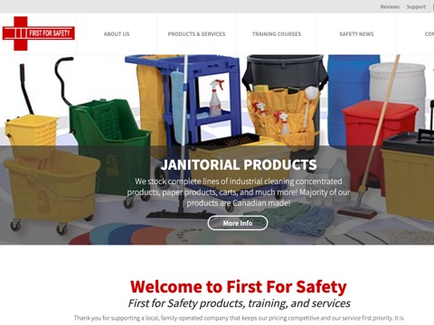 Screenshot of the First For Safety homepage, www.firstforsafety.ca, captured 2026-08-19, shown as the evidence for this review