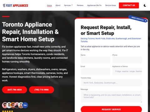 Screenshot of the Fix-iT Appliances Repair homepage, fixitappliances.ca, captured 2026-08-19, shown as the evidence for this review