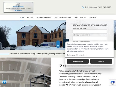 Screenshot of the Flawless Finishing Drywall Solutions homepage, flawlessfinishingdrywall.com, captured 2026-08-13, shown as the evidence for this review
