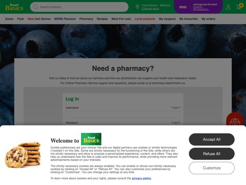 Screenshot of the Food Basics Pharmacy homepage, www.foodbasics.ca/services/pharmacy, captured 2026-08-19, shown as the evidence for this review