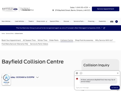 Screenshot of the Ford Body Shop homepage, www.bayfieldford.com/en/services/bodyshop?utm_source=google_local&utm_medium=organic&utm_content=body_shop, captured 2026-08-19, shown as the evidence for this review
