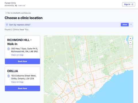 Screenshot of the Forest Walk-In Clinic - Orillia homepage, drsheth.cortico.ca/locations, captured 2026-08-19, shown as the evidence for this review