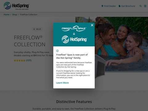Screenshot of the Freeflow Spas Canada homepage, www.hotspring.com/shop/freeflow?brand_origin=freeflow, captured 2026-08-19, shown as the evidence for this review