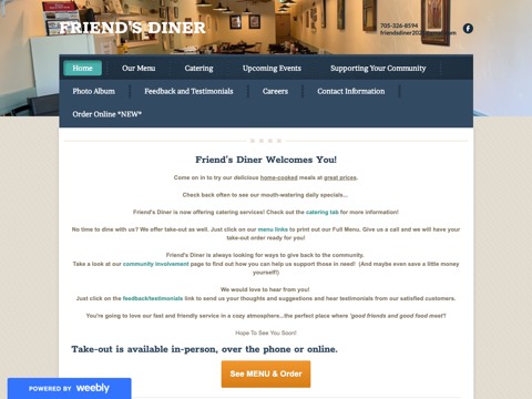 Screenshot of the Friend's Diner homepage, friendsdiner.weebly.com, captured 2026-08-19, shown as the evidence for this review