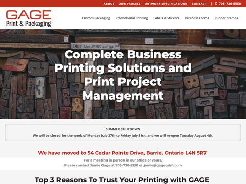 Screenshot of the Gage Print & Packaging homepage, www.gageprint.com, captured 2026-08-19, shown as the evidence for this review
