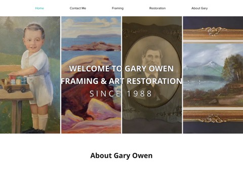 Screenshot of the Gary Owen Framing and Art Restoration homepage, www.garyowenartservices.com, captured 2026-08-19, shown as the evidence for this review