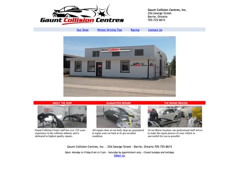 Screenshot of the Gaunt Collision Centres homepage, www.gauntcollisioncentres.ca, captured 2026-08-19, shown as the evidence for this review
