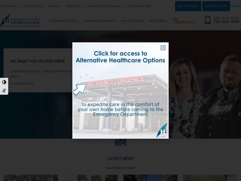 Screenshot of the Georgian Bay General Hospital (GBGH), Midland Site homepage, gbgh.on.ca, captured 2026-08-19, shown as the evidence for this review