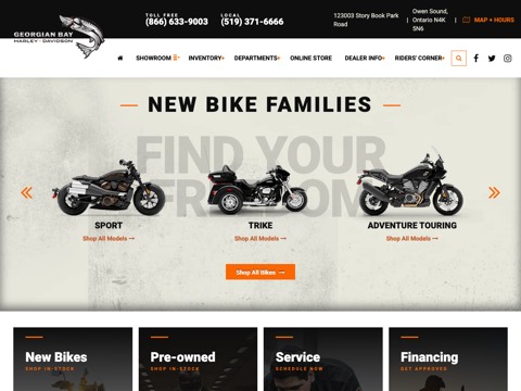 Screenshot of the Georgian Bay Harley-Davidson homepage, www.georgianbayhd.ca/?utm_source=google&utm_medium=organic&utm_campaign=google_my_business&utm_term=sales, captured 2026-08-19, shown as the evidence for this review