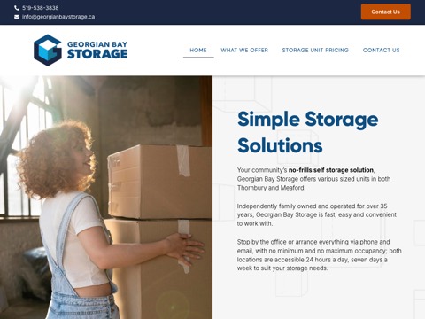Screenshot of the Georgian Bay Storage homepage, georgianbaystorage.ca, captured 2026-08-19, shown as the evidence for this review