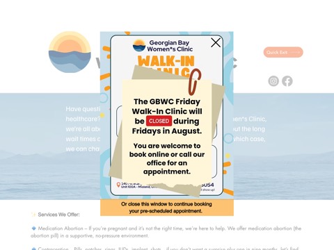 Screenshot of the Georgian Bay Women*s Clinic homepage at www.georgianbaywomensclinic.com, captured 2026-08-19, shown as the evidence for the review on this page
