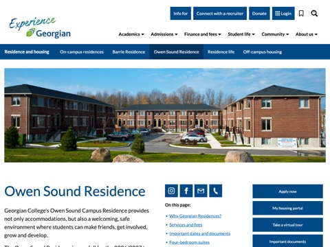 Screenshot of the Georgian College Owen Sound Residence homepage at www.georgiancollege.ca/student-life/campus-services/residence-housing/on-campus-residence/owen-sound-residence, captured 2026-08-13, shown as the evidence for the review on this page