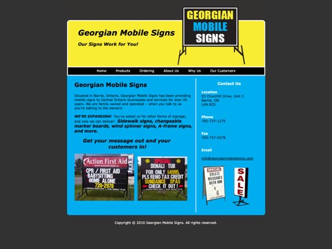Screenshot of the Georgian Mobile Signs homepage at www.georgianmobilesigns.com, captured 2026-08-19, shown as the evidence for the review on this page