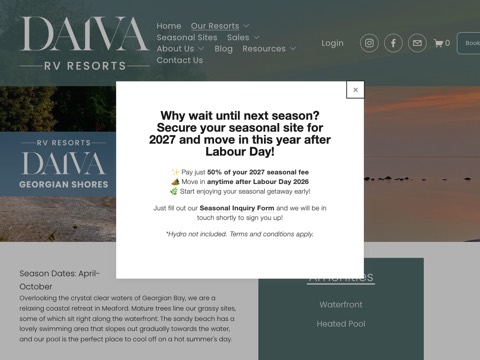 Screenshot of the Georgian Shores - Daiva RV Resorts homepage, daivarv.ca/georgian-shores, captured 2026-08-19, shown as the evidence for this review