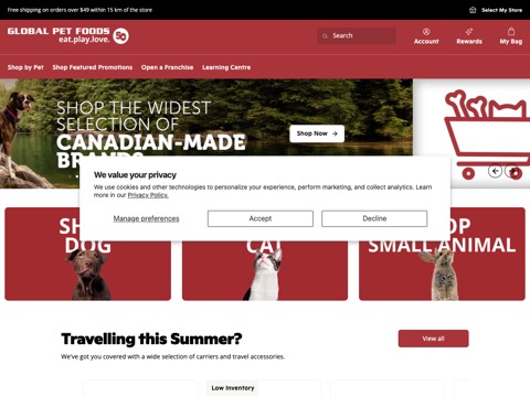 Screenshot of the Global Pet Foods homepage, globalpetfoods.com, captured 2026-08-19, shown as the evidence for this review