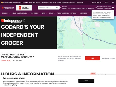 Screenshot of the Godard's Your Independent Grocer homepage, www.yourindependentgrocer.ca/en/store-locator/details/5193?utm_source=G&utm_medium=LPM&utm_campaign=Loblaws, captured 2026-08-13, shown as the evidence for this review