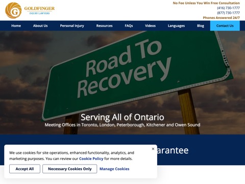 Screenshot of the Goldfinger Law homepage, www.personalinjurylawyertoronto.com, captured 2026-08-19, shown as the evidence for this review