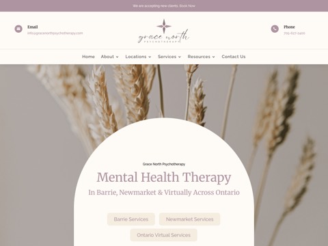 Screenshot of the Grace North Psychotherapy homepage, gracenorthpsychotherapy.com, captured 2026-08-19, shown as the evidence for this review