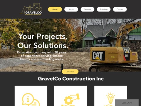 Screenshot of the Gravelco Construction Inc. homepage, www.gravelco.ca, captured 2026-08-19, shown as the evidence for this review
