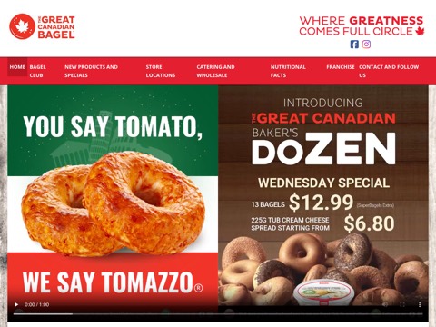Screenshot of the Great Canadian Bagel homepage, greatcanadianbagel.com, captured 2026-08-19, shown as the evidence for this review