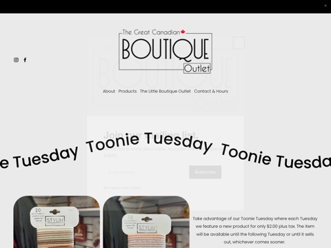 Screenshot of the Great Canadian Boutique Outlet homepage, www.theboutiqueoutlet.ca, captured 2026-08-19, shown as the evidence for this review