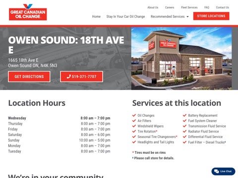Screenshot of the Great Canadian Oil Change homepage, www.gcoc.ca/locations/ontario/owen-sound/1665-18th-ave-e, captured 2026-08-19, shown as the evidence for this review