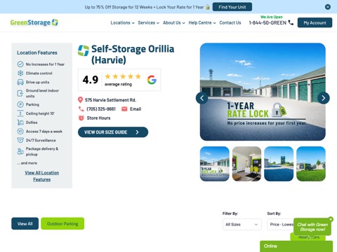 Screenshot of the Green Storage Orillia Harvie homepage, www.greenstorage.ca/self-storage/orillia-storage?utm_medium=GMBOrilliaHarvie&utm_source=GMB&utm_campaign=OrilliaHarvieGMB, captured 2026-08-19, shown as the evidence for this review
