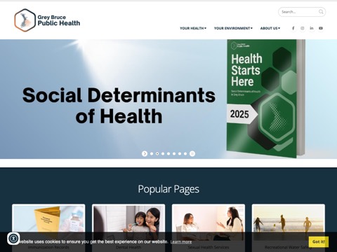 Screenshot of the Grey Bruce Public Health homepage at www.publichealthgreybruce.on.ca, captured 2026-08-19, shown as the evidence for the review on this page